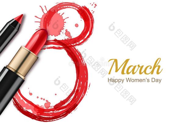 3月8<strong>日</strong>贺卡，<strong>国际</strong>妇女`<strong>日</strong>。 红色口红，铅笔，水彩第八。