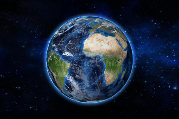 蓝色行星<strong>地球</strong>从<strong>太空</strong>显示美国和非洲，美国，<strong>地球</strong>世界与蓝色辉光边缘的空间在一个恒星场