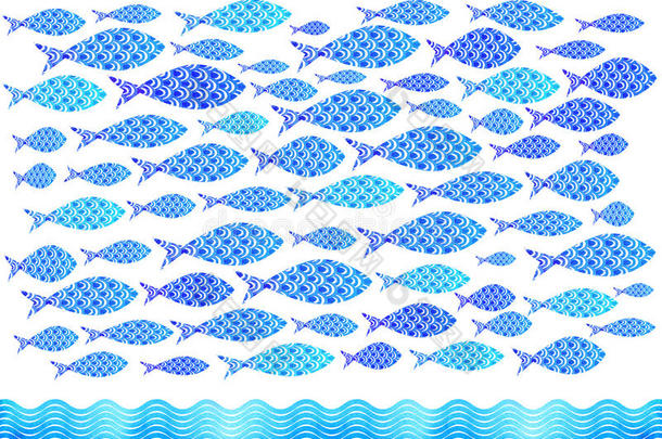 蓝色水彩海洋鱼类背景