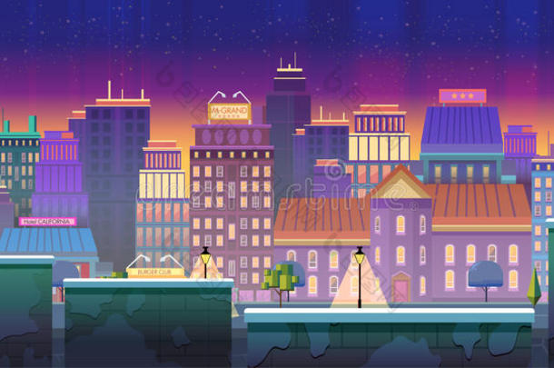 城市游戏背景2d游戏应用。 矢量设计。 水平可平铺。