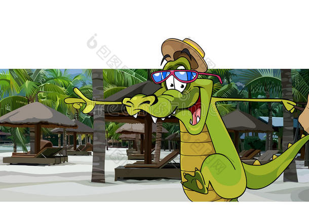 <strong>卡通</strong>人物戴着帽子的<strong>欢快</strong>的鳄鱼正在海滩上奔跑