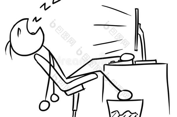 人类在电脑屏幕前睡觉的卡通