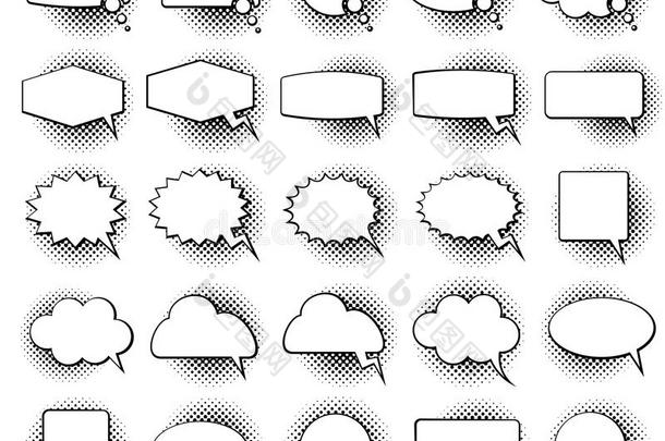 空单色语音漫画文本气泡与半色调点影效果矢量集