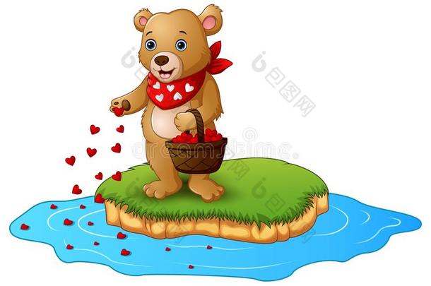 贺卡泰迪熊卡通与一篮子红色的心在一个岛上