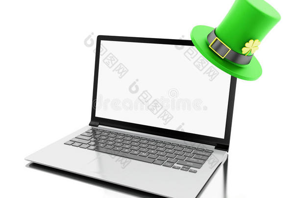 三维笔记本电脑与空白屏幕与圣帕特里克`帽子