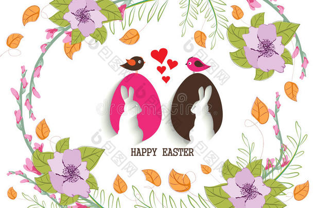 美丽的快乐复活节卡片与兔子和花圈