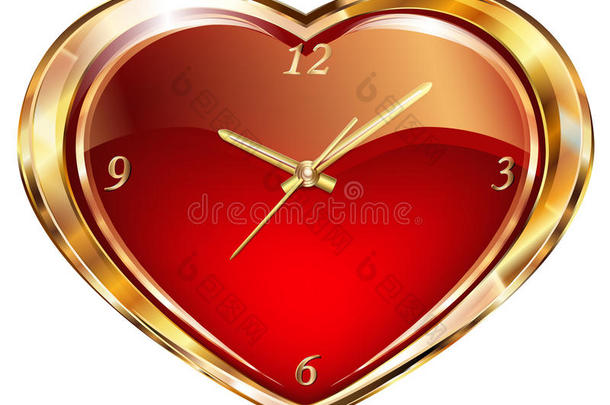 有<strong>红心</strong>的时钟。 金色手表和时钟的背景是红色天鹅绒的心与花卉<strong>装饰</strong>