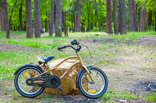 自行车在夏季草田，经典，旧自行车风格的背景，绿色设计明信片艺术作品。