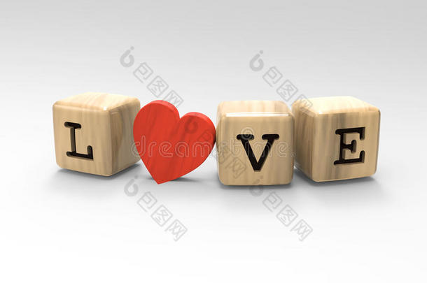 三维插图木制立方体的爱和心