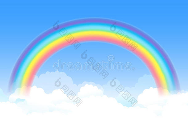 明亮的拱形彩虹，蓝天白云。 矢量