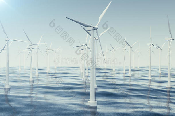 美丽的风力涡轮机在<strong>海洋</strong>。 清洁能源、风能、<strong>生态</strong>理念。 三维渲染