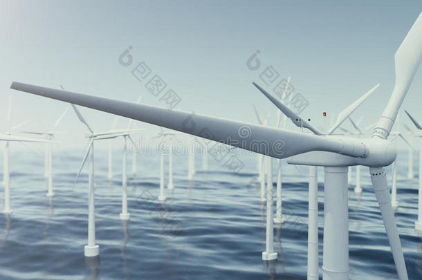 美丽的风力涡轮机在<strong>海洋</strong>。 清洁能源、风能、<strong>生态</strong>理念。 三维渲染
