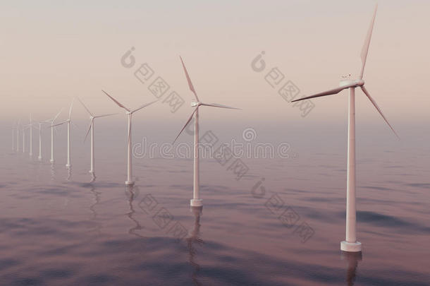 美丽的风力涡轮机在海洋。 清洁能源、风能、生态理念。 三维渲染