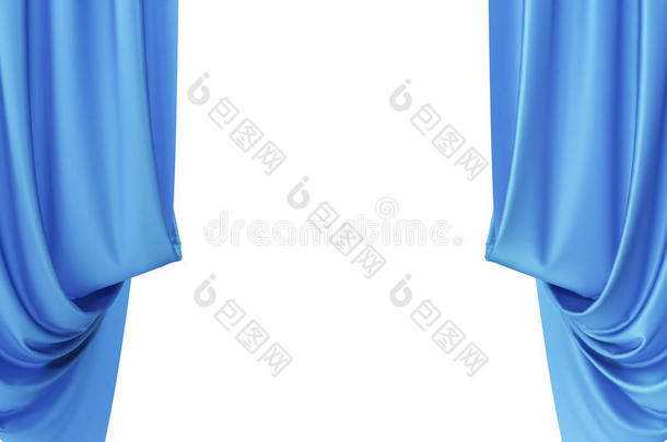 蓝色丝绸窗帘，用于剧院和电影院的聚光灯在中心。 三维渲染