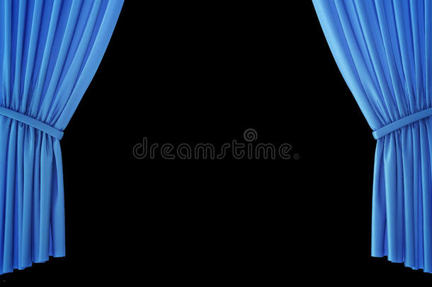 蓝色天鹅绒舞台窗帘，红色剧院窗帘。 丝绸古典窗帘，蓝色剧院窗帘。 三维渲染