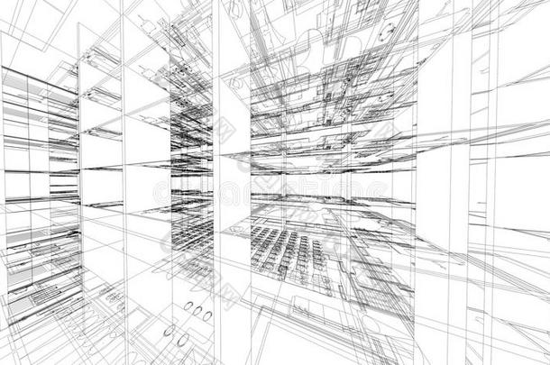 建筑线框结构的抽象三维渲染。