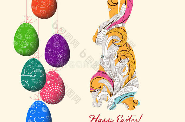涂鸦装饰彩色鸡蛋和涂鸦兔子快乐复活节