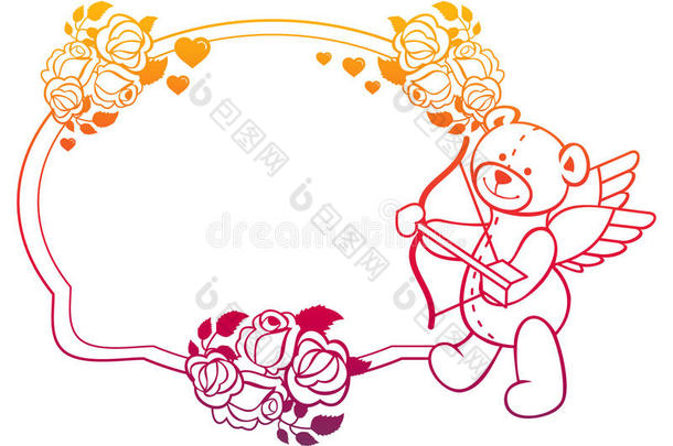 带有玫瑰和泰迪熊的渐变颜色标签看起来像丘比特。