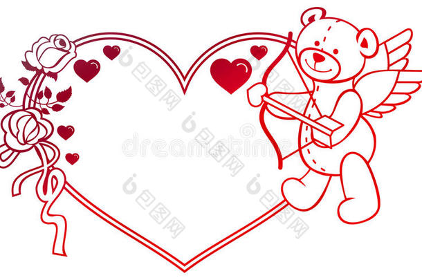 带有玫瑰和泰迪熊的渐变标签看起来像丘比特。 光栅剪辑艺术。