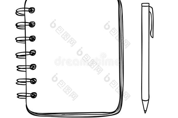 蓝色笔记本和<strong>钢笔</strong>矢量<strong>手绘</strong>线条艺术插图