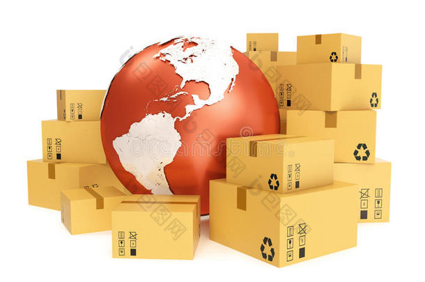 纸板箱运输和全球送货业务理念，地球地球仪。 三维渲染。 这个图像的元素
