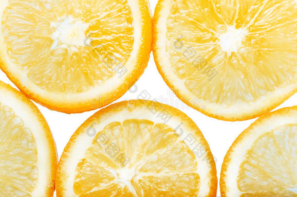 橙色柑橘类水果片背景。 摄影棚摄影