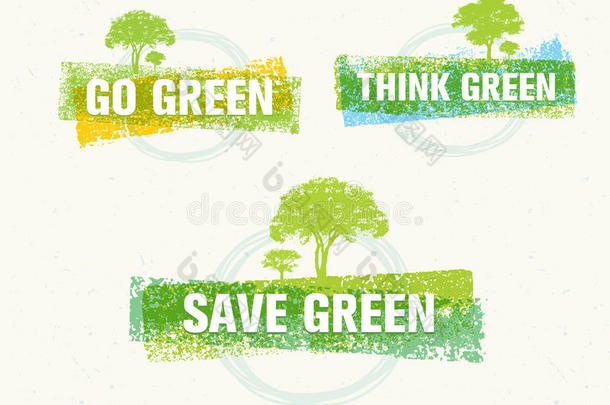 去绿色回收，减少再利用，<strong>生态海报</strong>的概念。 粗糙背景下的矢量创意有机插图