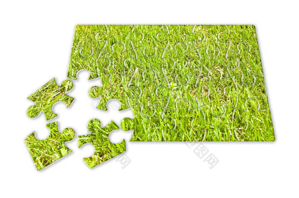 美丽的绿色修剪草坪在白色背景上的拼图形状