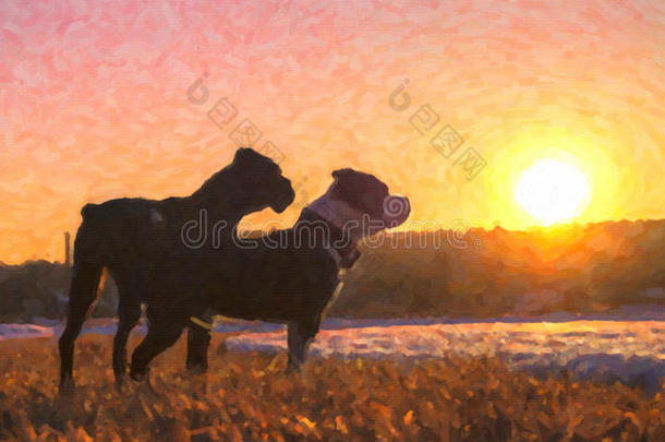 抽象<strong>绘画</strong>，两只狗在日落时，我们`在看<strong>大自然</strong>的美丽