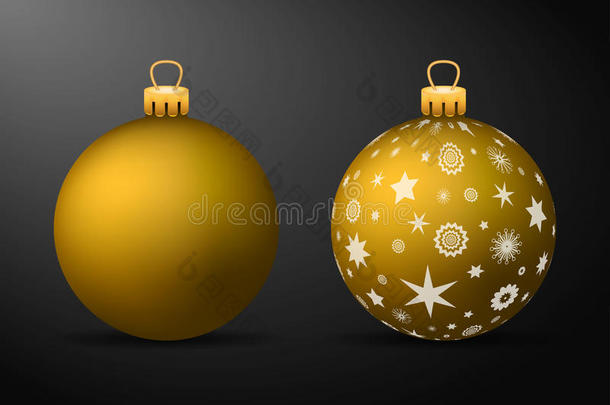 金色圣诞球与金色<strong>支架</strong>。 黑色背景上一套孤立的写实<strong>装饰</strong>品