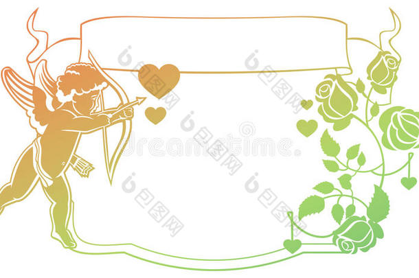 彩色渐变框架与丘比特，玫瑰和心。 复制空间。 光栅剪辑艺术。