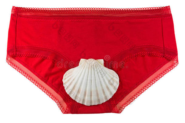 大的白色海扇贝壳在<strong>红色内衣</strong>内裤的顶部，内裤隔离在白色上。