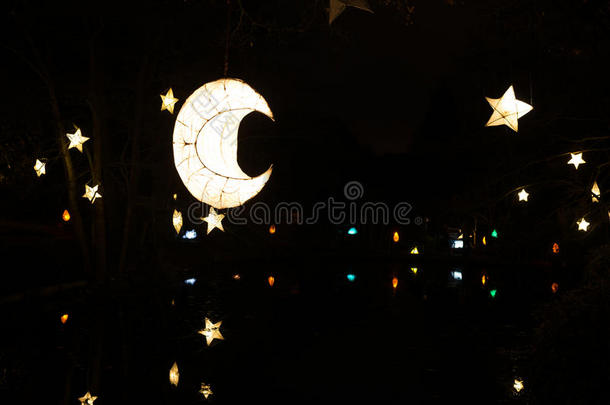 挂在树上的发光的星星和月亮形状的纸灯笼
