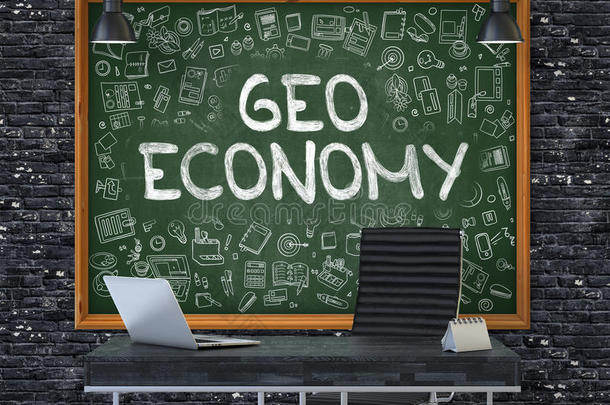 黑板上的办公室墙上有地理经济的概念。 3D。