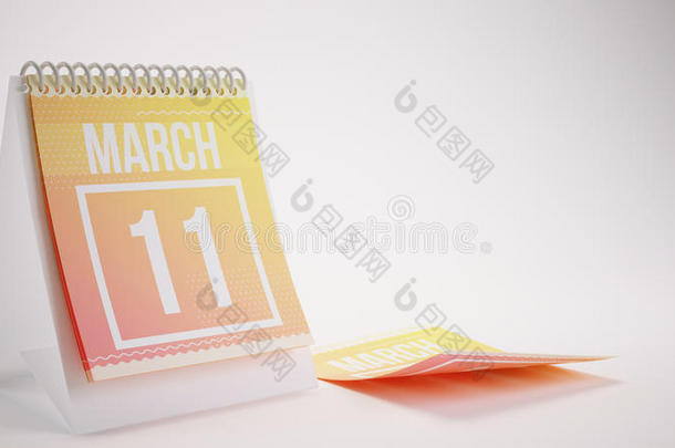 三维渲染时尚色彩日历在白色背景-三月