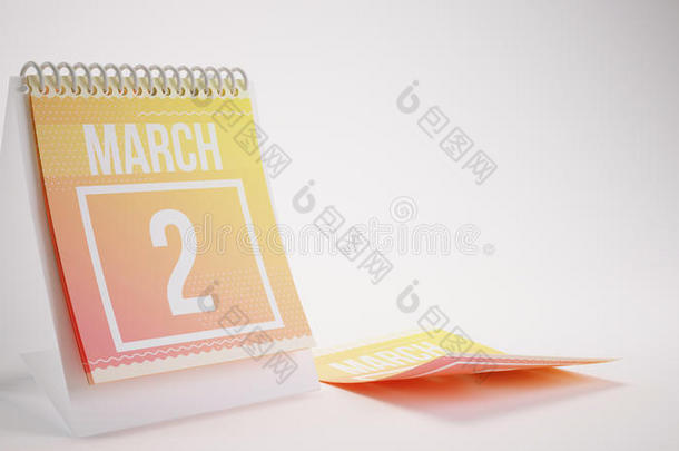 三维渲染时尚色彩日历在白色背景-三月