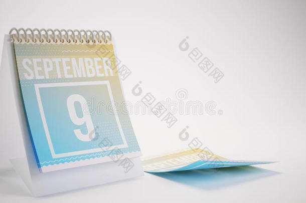 三维渲染时尚色彩日历在白色背景-9月9日