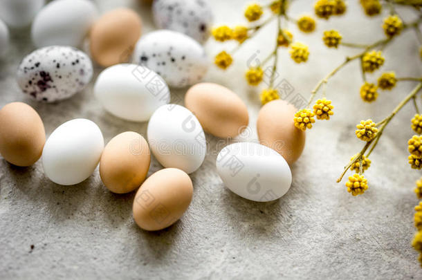 淡色背景上有彩蛋和鲜花的复活节贺卡