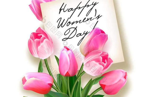一束粉红色的郁金香，里面有一张纸条。 妇女节`贺卡。