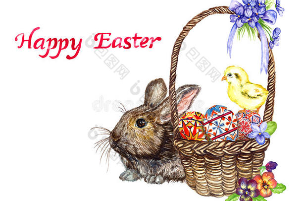 复活节兔子在篮子附近有鸡蛋和传统的绘画，小鸡和春天的花：平底锅和紫罗兰，快乐的复活节