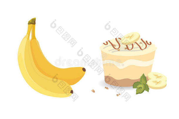 新鲜<strong>香蕉</strong>水果和蛋糕，矢量插图。 剥了皮的<strong>香蕉片</strong>