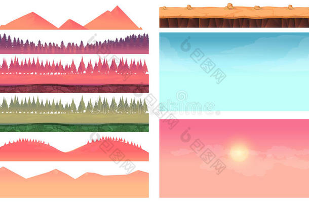 卡通自然景观元素集，平台，树木，天空，山丘和森林剪辑艺术，隔离在白色，2d游戏
