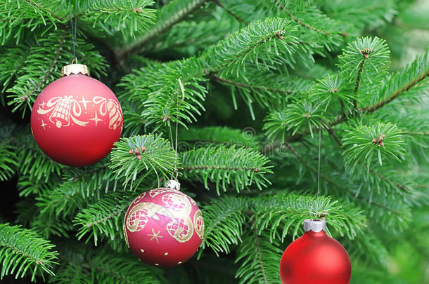 用<strong>红球</strong>装饰的绿色圣诞树