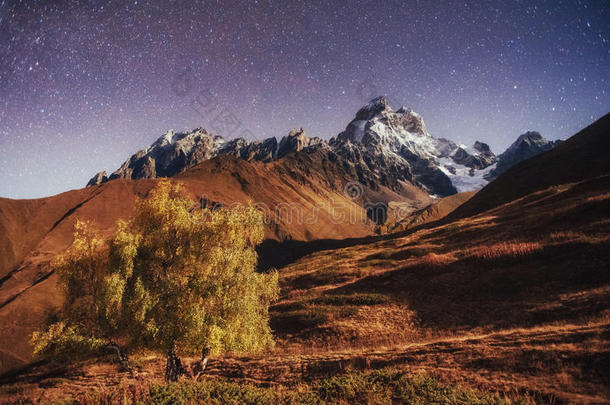 奇妙的星空。 秋天的风景和白雪皑皑的山峰