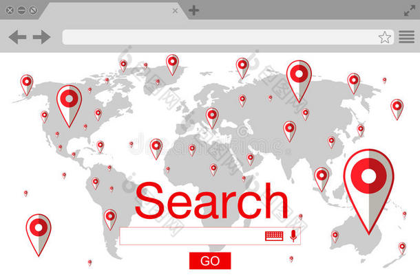 平面样式浏览器搜索引擎。 带别针的世界地图