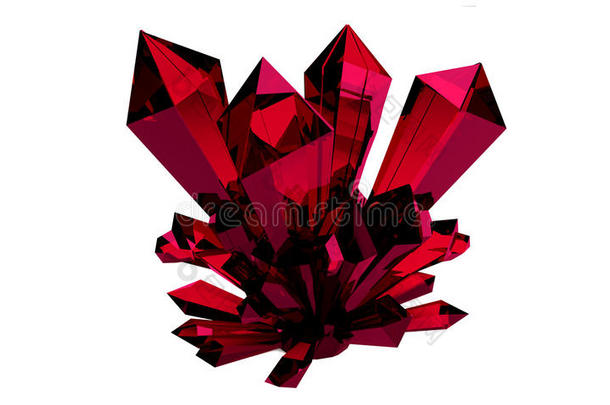 三维渲染。 三维插图。 明亮的红色红宝石透明晶体，宝石。德鲁兹。 射线在晶体中的折射