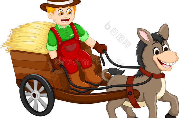 有趣的农民卡通带着草和马画的马车