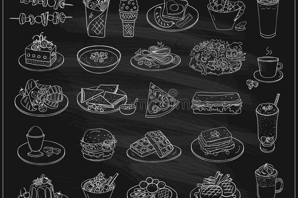 手绘线条图形插图的各种食物，甜点和饮料，矢量符号集