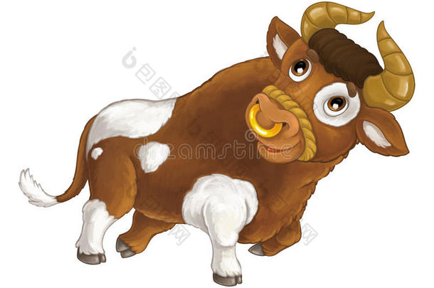 卡通快乐的农场动物-快乐的公牛站在微笑和看-艺术风格-