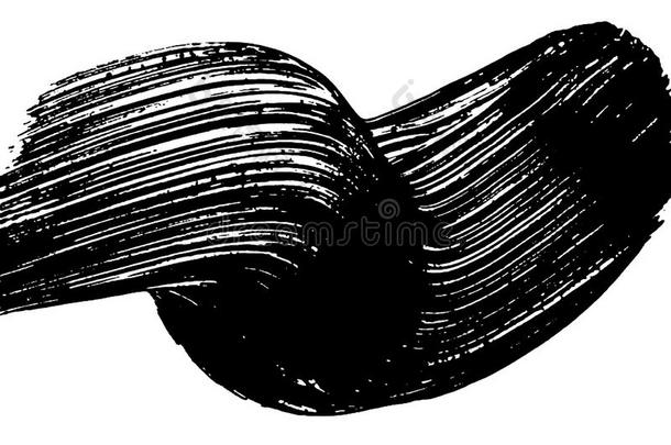 黑色油漆涂抹在白色背景上。 黑色画笔笔画纹理。 波浪状墨水打印。